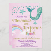 人魚とユニコーンのピンクゴールドターコイズの誕生日 招待状 (正面/裏面)