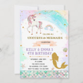人魚とユニコーンの共同誕生日の招待状 招待状 (正面)