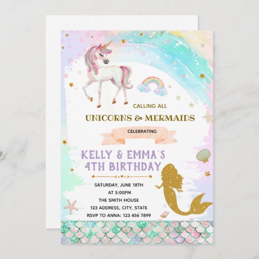 人魚とユニコーンの共同誕生日の招待状 招待状 (正面/裏面)