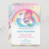 人魚とユニコーンの虹プールパーティー誕生日 招待状 (正面/裏面)