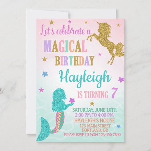 人魚とユニコーンの誕生日招待状 招待状 (正面)