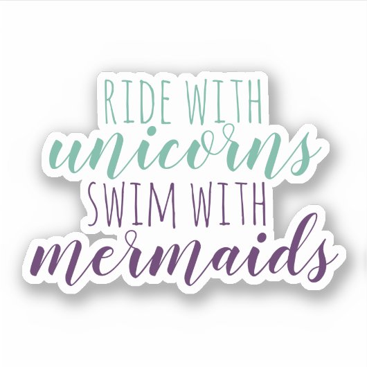 人魚と一緒に泳ぐユニコーンとかわいいスクリプトライド シール (正面)