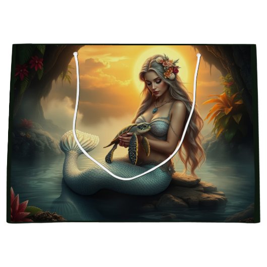 人魚と亀の友が洞窟を訪れる ラージペーパーバッグ (正面)