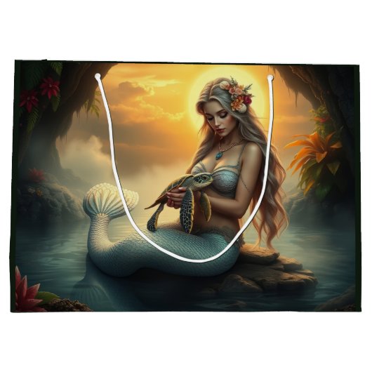 人魚と亀の友が洞窟を訪れる ラージペーパーバッグ (裏面)