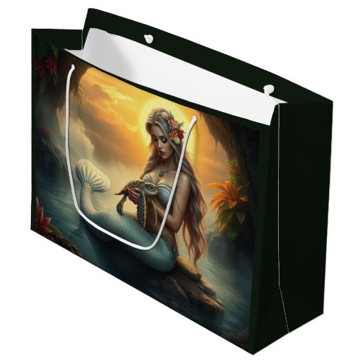 人魚と亀の友が洞窟を訪れる ラージペーパーバッグ (正面アングル)