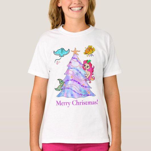 人魚と仲間たちのクリスマスツリー飾り付け Tシャツ (正面)