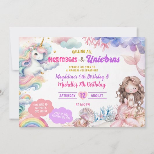 人魚と恐竜の関節兄弟姉妹誕生日 招待状 (正面)