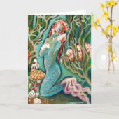 人魚と海のシェルのグリーティ空白のングカード カード (黄色い花)