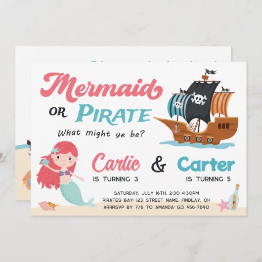 人魚と海賊の共同誕生日パーティー、任意の年齢 招待状 (正面/裏面)