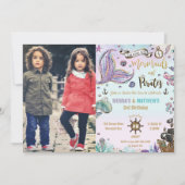 人魚と海賊の双子の誕生日オーシャン写真 招待状 (正面)