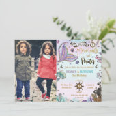 人魚と海賊の双子の誕生日オーシャン写真 招待状 (スタンド正面)