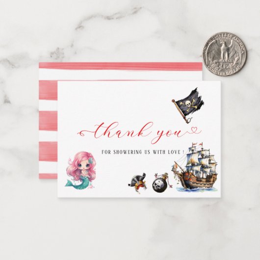 人魚と海賊の水彩画の誕生日パーティーありがとう ノートカード (正面/裏面インサイチュ)
