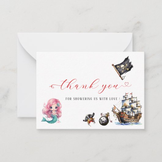 人魚と海賊の水彩画の誕生日パーティーありがとう ノートカード (正面)