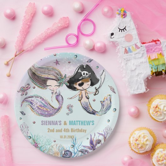 人魚と海賊の海面共同誕生日 ペーパープレート (パーティー)