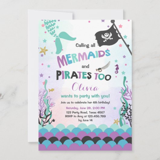 人魚と海賊の誕生日の招待状パープルブルー 招待状 (正面)