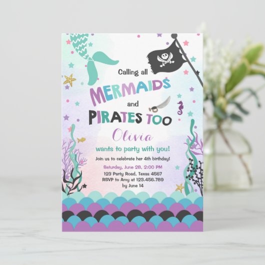 人魚と海賊の誕生日の招待状パープルブルー 招待状 (スタンド正面)