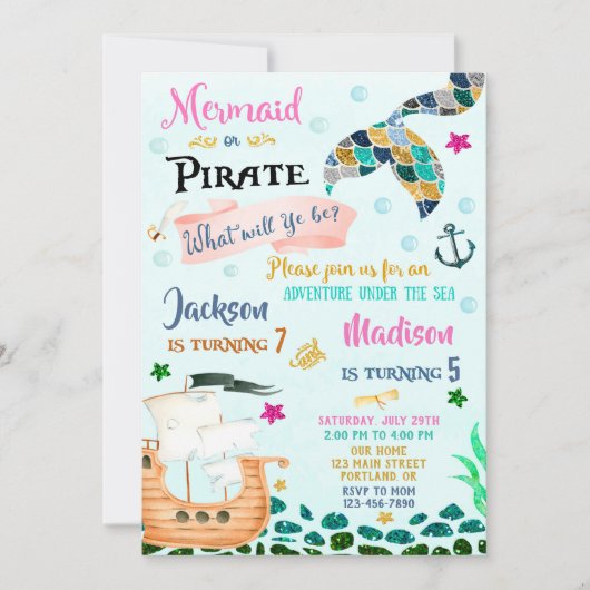 人魚と海賊の誕生日の招待状Boy Girl 招待状 (正面)