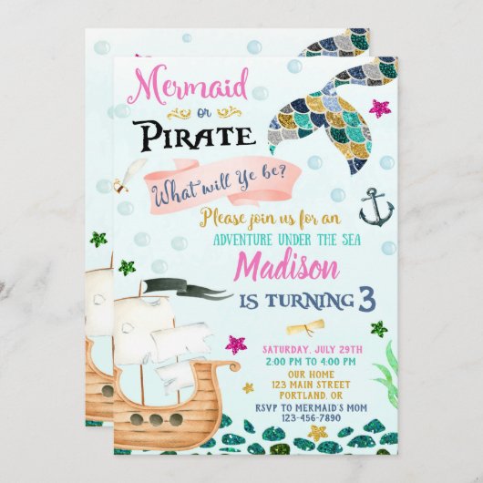 人魚と海賊の誕生日の招待状Boy Girl 招待状 (正面/裏面)