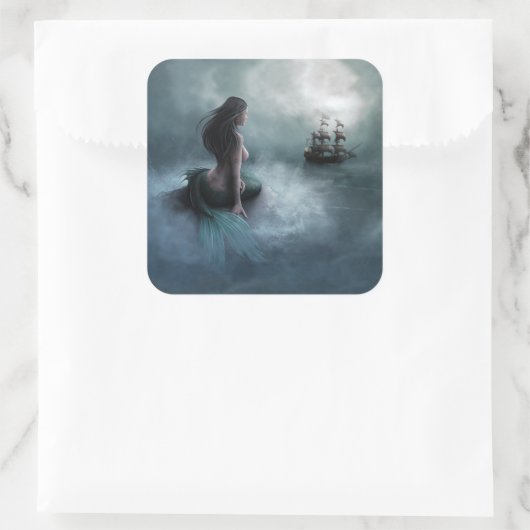 人魚と海賊船ステッカー スクエアシール (バッグ)