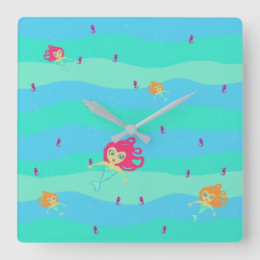 人魚と海馬の平方クロック スクエア壁時計 (正面)