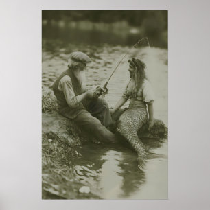 人魚と漁師のヴィンテージ写真 ポスター
