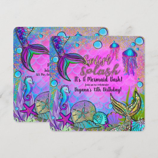 人魚と貝殻の海の中の誕生日パーティー 招待状 (正面/裏面)