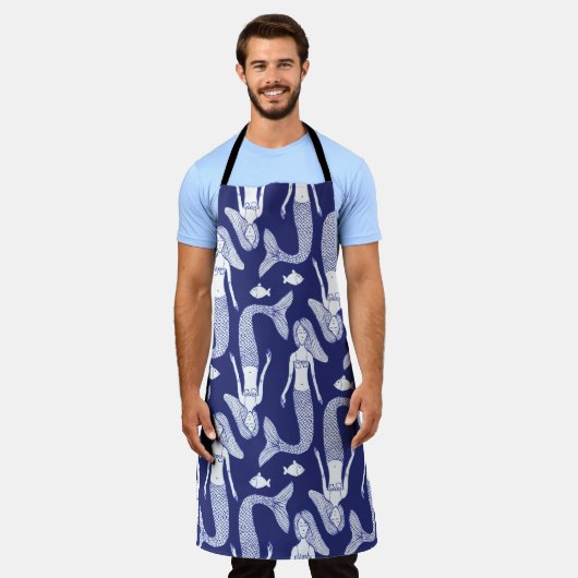 人魚と魚の模様をヴィンテージスタイルでスケッチする エプロン (着用した状態)