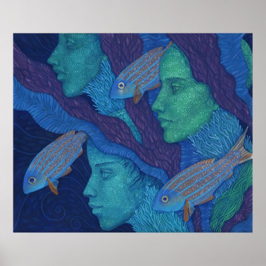 人魚と魚、シュールレアリスムの幻想芸術、水中 ポスター (正面)