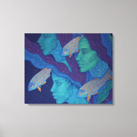 人魚と魚、超現実的なファンタジーアート、水中 キャンバスプリント (正面)