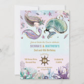 人魚と鯨海賊双生児ジョイント誕生日プール 招待状 (正面)