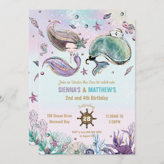 人魚と鯨海賊双生児ジョイント誕生日プール 招待状 (正面/裏面)