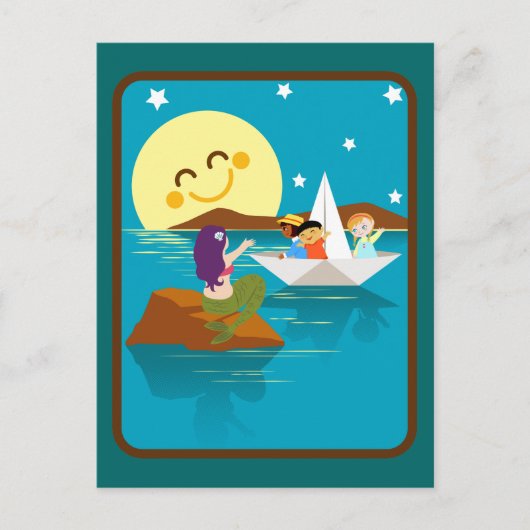 人魚に手を振る紙ボートの子供たち。 ポストカード (正面)