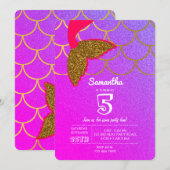 人魚のうろこ ピンク パープル グリッター 誕生日 招待状 (正面/裏面)