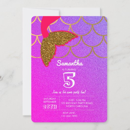 人魚のうろこ ピンク パープル グリッター 誕生日 招待状 (正面)