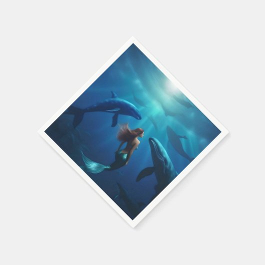 人魚のひいさまは、ザトウクジラと一緒に泳いでいます。 スタンダードカクテルナプキン (角)