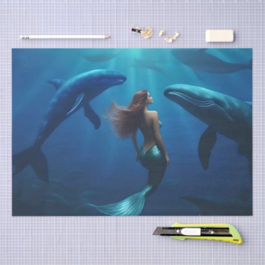 人魚のひいさまは、ザトウクジラと一緒に泳いでいます。 薄葉紙 (クラフト)