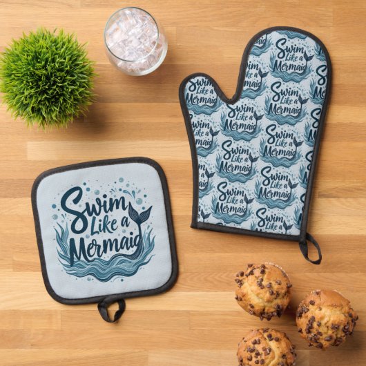 人魚のように泳お洒落ぐ海引用文 鍋つかみ&鍋敷きセット (トップダウン)