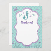 人魚のサンキューカードのノートの紫色のティール(緑がかった色)のグリッター サンキューカード (正面/裏面)