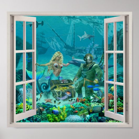 人魚のサンゴ礁の宝物 偽窓 ポスター (正面)