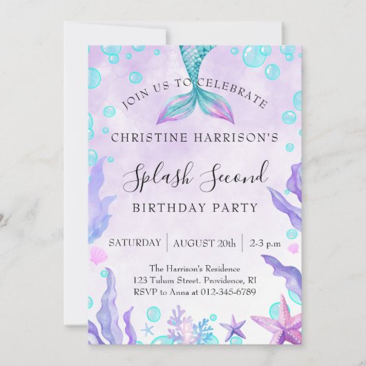 人魚のスプラッシュ 2歳の誕生日🎉 招待状 (正面)