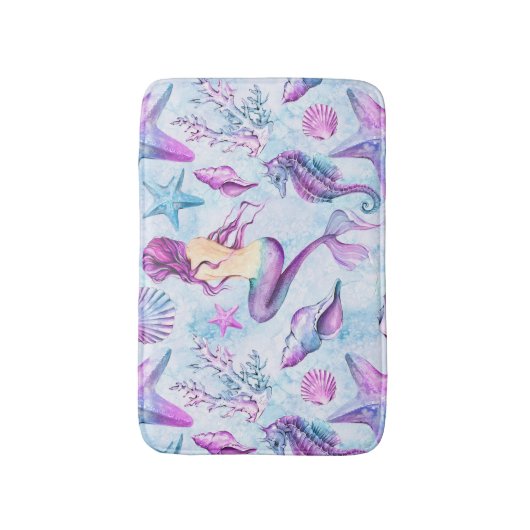 人魚のタツノオトシゴのヒトデのラベンダーおよび青 バスマット (正面縦)