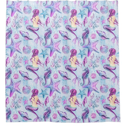 人魚のタツノオトシゴのヒトデのラベンダー及び水の青 シャワーカーテン (正面)
