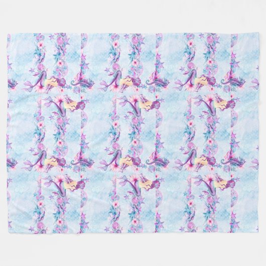 人魚のタツノオトシゴのヒトデのラベンダー及び水の青 フリースブランケット (正面(横))