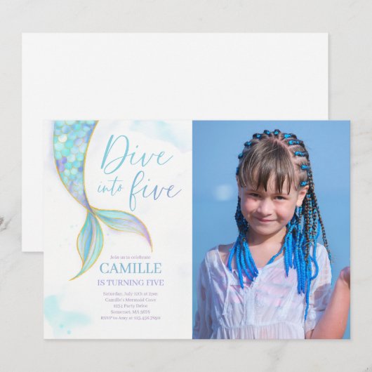 人魚のダイブ・イントゥ・ファイヴ 5歳の誕生日パーティーの写真 招待状 (正面/裏面)