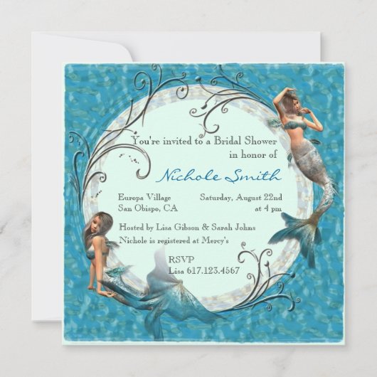 人魚のティール(緑がかった色)の青い花のブライダルシャワーの招待 招待状 (正面)