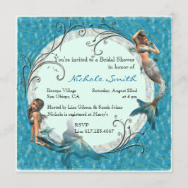人魚のティール（緑がかった色）の青い花のブライダルシャワーの招待 招待状