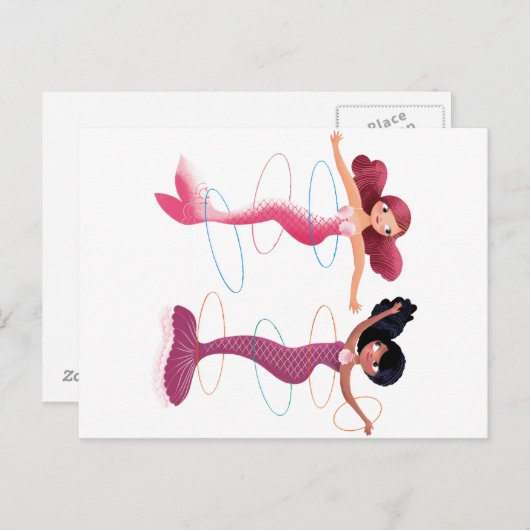 人魚のビーチでの一日を描いたかわいいイラスト ポストカード (正面/裏面)