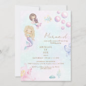 人魚のピンクとターコイズ　波を起こす誕生日パーティー 招待状 (正面)