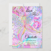 人魚のピンクとパープルのダイブ！5歳の誕生日 招待状 (正面)