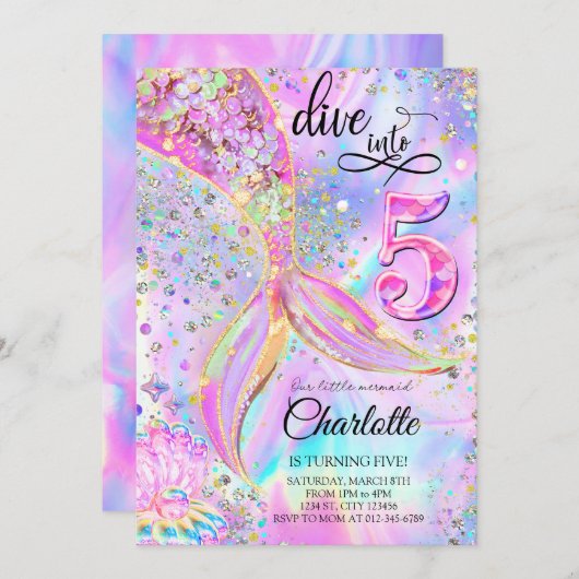 人魚のピンクとパープルのダイブ！5歳の誕生日 招待状 (正面/裏面)